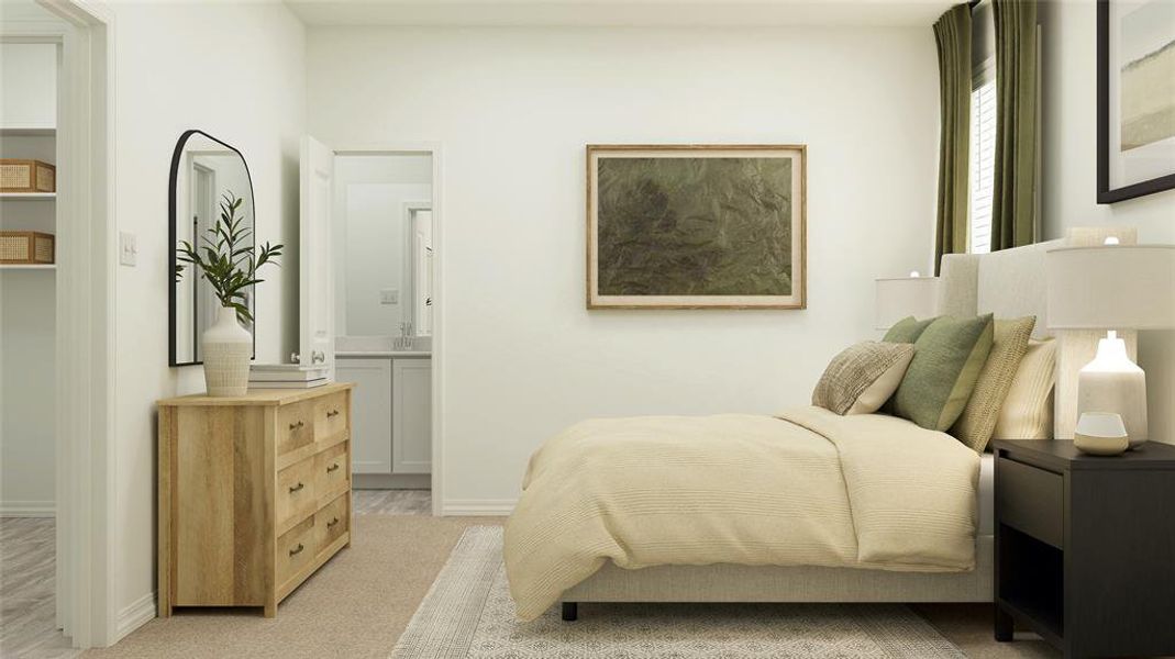 Bedroom with light wood-type flooring and ensuite bath