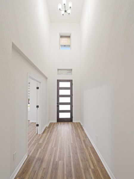 Entrance foyer with a chandelier, light wood-type flooring, and a high ceiling