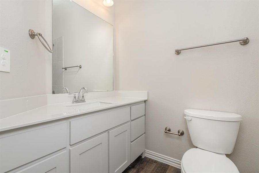 Bathroom with vanity, toilet, and wood-type flooring