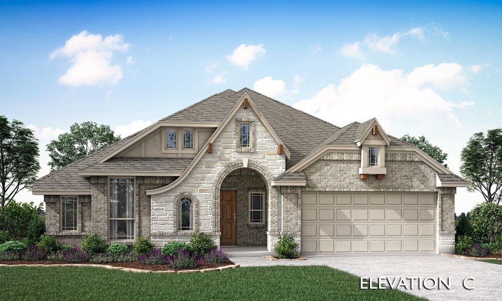 Single-story home with stone and brick exterior, arched entry, and two-car garage, Elevation C Single-story home with stone and brick exterior, arched entry, and two-car garage, Elevation C