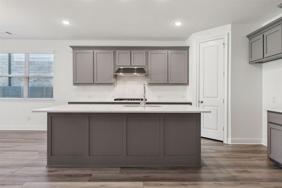 Kitchen featuring gray cabinetry, dark wood-type flooring, sink, an island with sink, and tasteful backsplash