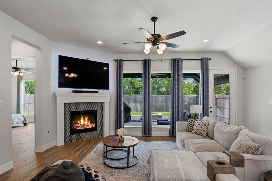 Primary bedroom is tucked away off the family room