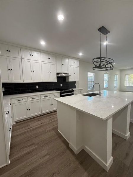 Kitchen featuring tasteful backsplash, dark wood finished floors, a sink, and stove