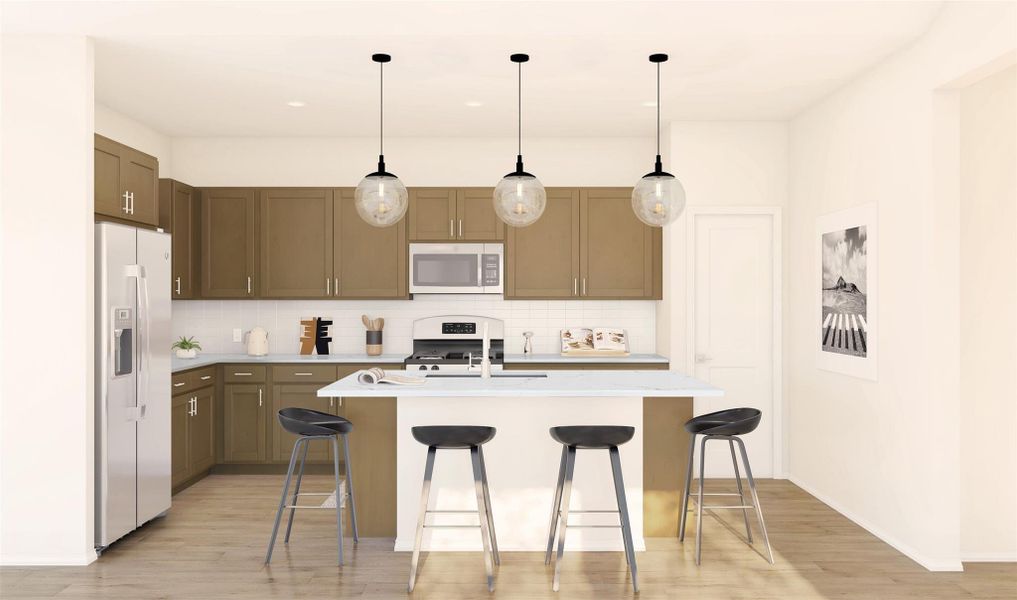 Lovely island kitchen with light stain cabinets and quartz counters (*Artist rendering used for illustration purposes only.)