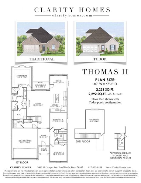 2D floor plan layout for the Thomas II by Clarity Homes in Courts of Bonnie Brae, Denton, TX (Image 2). 2D floor plan layout for the Thomas II by Clarity Homes in Courts of Bonnie Brae, Denton, TX (Image 2).
