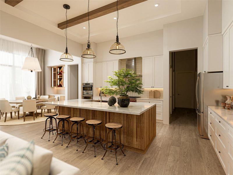 An open kitchen boasts a central island and warm wood beams overhead.
