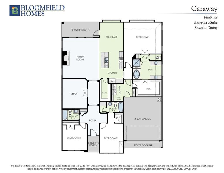 Bloomfield Homes Caraway floor plan with three bedrooms, kitchen, family room, study, and two-car garage. Bloomfield Homes Caraway floor plan with three bedrooms, kitchen, family room, study, and two-car garage.