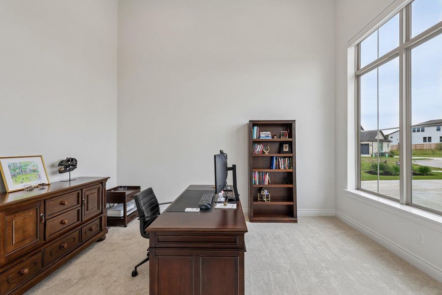 Room featuring high ceilings, light-toned carpeting, and a large multi-pane window