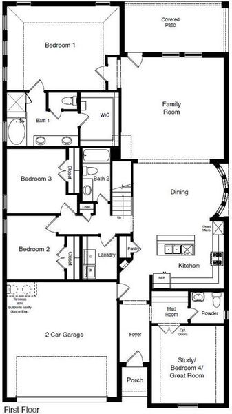 D.R. Horton's The Mesquite floorplan, 1st floor - Photos shown here may not depict the specified home and features and are included for illustration purposes only. Elevations, exterior/ interior colors, options, available upgrades, and standard features will vary in each community and may change without notice. May include options, elevations, and upgrades (such as patio covers, front porches, stone options, and lot premiums) that require an additional charge. Landscaping and furnishings are décor items and are not included in purchase price. Call sales agent for more details.