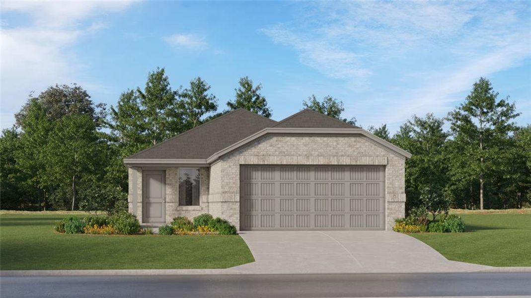 View of front of house featuring a garage and a front lawn