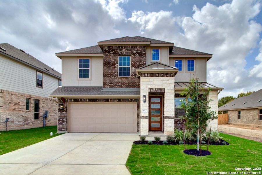 Front exterior of a new home in Clear Creek, New Braunfels, TX, highlighting curb appeal (Image 1).