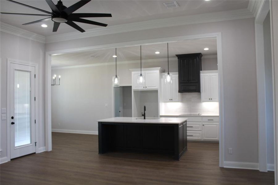 Kitchen featuring dark wood finished floors, white cabinets, a center island with sink, baseboards, and recessed lighting Kitchen featuring dark wood finished floors, white cabinets, a center island with sink, baseboards, and recessed lighting