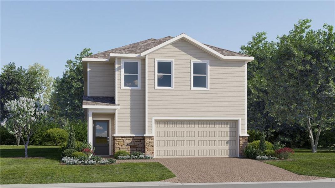 Front exterior of a new home in Wellness Ridge: Eventide Collection, Clermont, FL, highlighting curb appeal (Image 1). Front exterior of a new home in Wellness Ridge: Eventide Collection, Clermont, FL, highlighting curb appeal (Image 1).