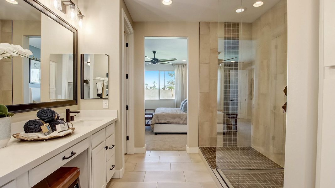 Explore the Bluebell primary bathroom by DRB Homes at Anderson Parc, Lot 171, 2158 S 242nd Lane in Buckeye, Arizona.