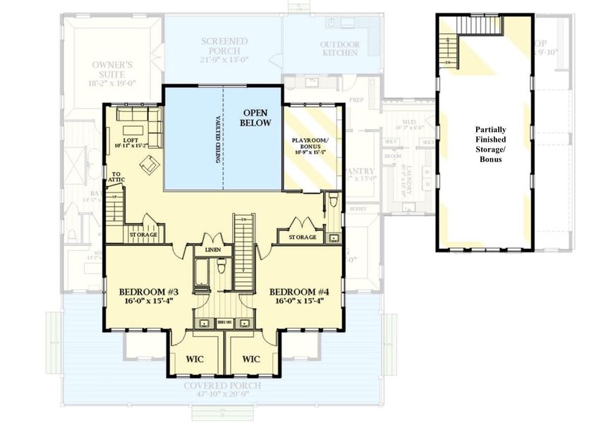 Upper level features two spacious bedrooms—each with walk-in closets—connected by a shared bath with dual vanities. A cozy loft  and a separate playroom/bonus space offers flexibility for recreation or study.