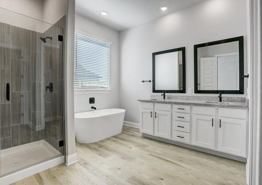 Master bathroom showcasing a relaxing soaking tub and walk-in shower.