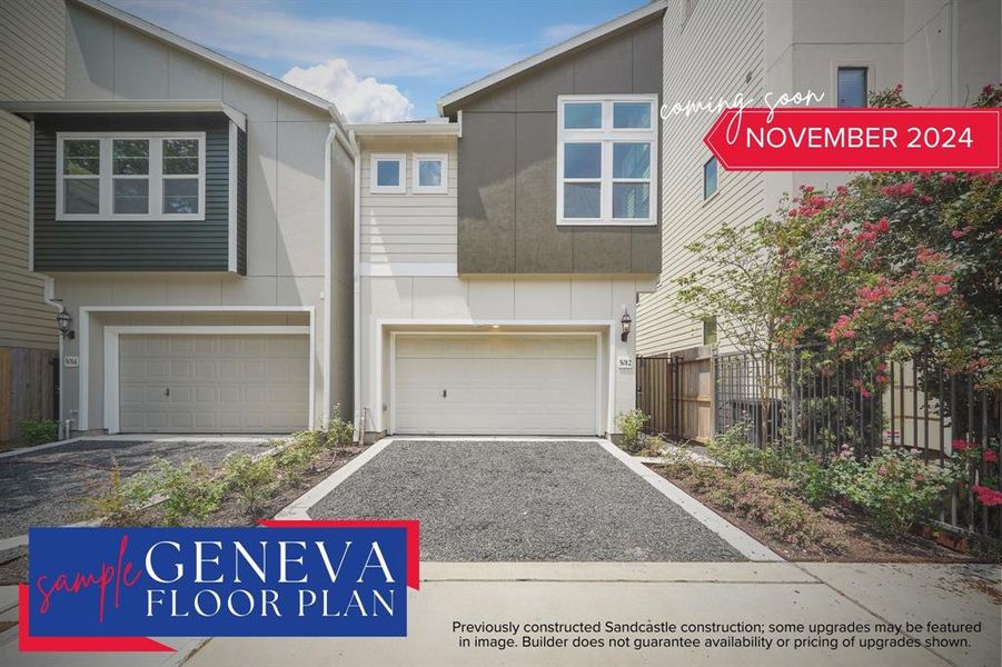 Welcome Home: Step into the welcoming front view of Sandcastle Homes' Geneva floor plan, a two-story masterpiece nestled amidst lush landscaping, complete with a private drive that whispers of conveniences to come from the first glance.