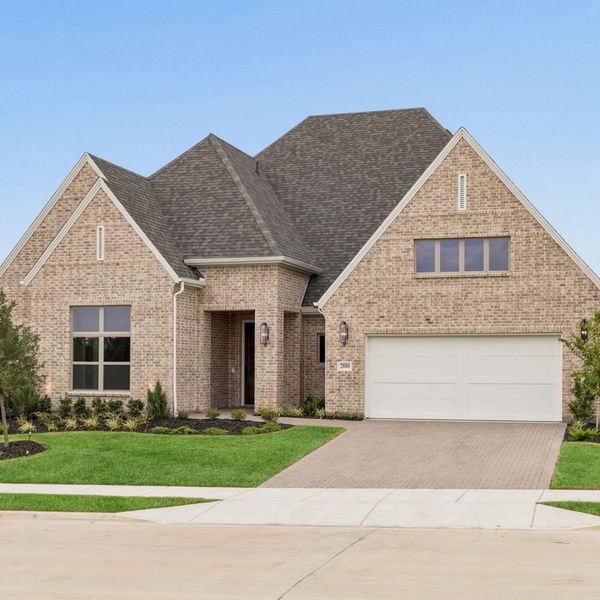 Front exterior of a new home in Mustang Lakes, Celina, TX, highlighting curb appeal (Image 25).