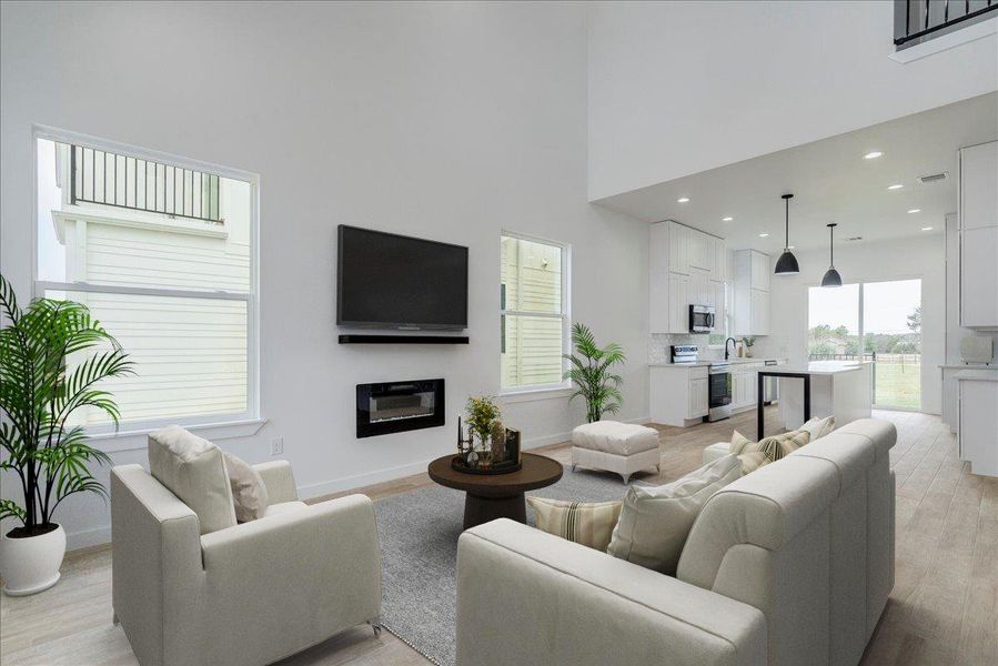 Open living with cathedral ceilings.