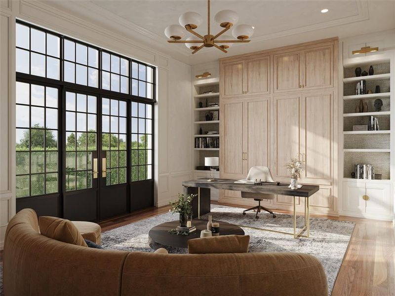 *Virtual Rendering* Across the hall from the primary bedroom is the handsome study. The sizable study features a cove ceiling, built in shelving, wood floors, and a swanky gold chandelier.