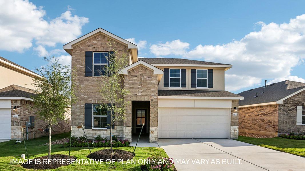 Front exterior of a new home in Bar W Ranch, Leander, TX, highlighting curb appeal (Image 2). Front exterior of a new home in Bar W Ranch, Leander, TX, highlighting curb appeal (Image 2).