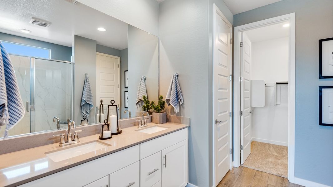 Owner's bathroom with dual sinks and closet access