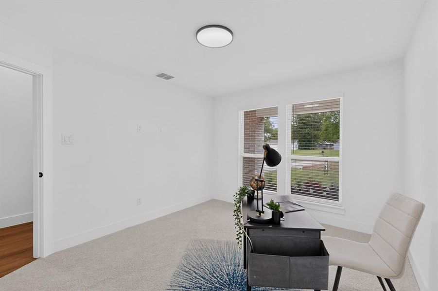 Bright room featuring two large windows with blinds, a flush-mount ceiling light, light-colored carpet, and white baseboards