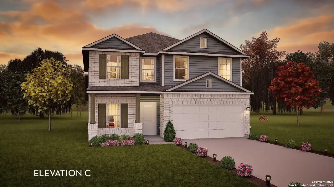 Front exterior of a new home in Hennersby Hollow, San Antonio, TX, highlighting curb appeal (Image 1).