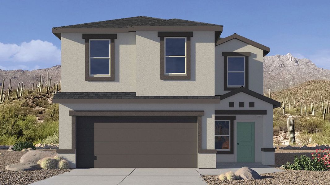 Front exterior of a new home in Senita Crossing, Tucson, AZ, highlighting curb appeal (Image 1).