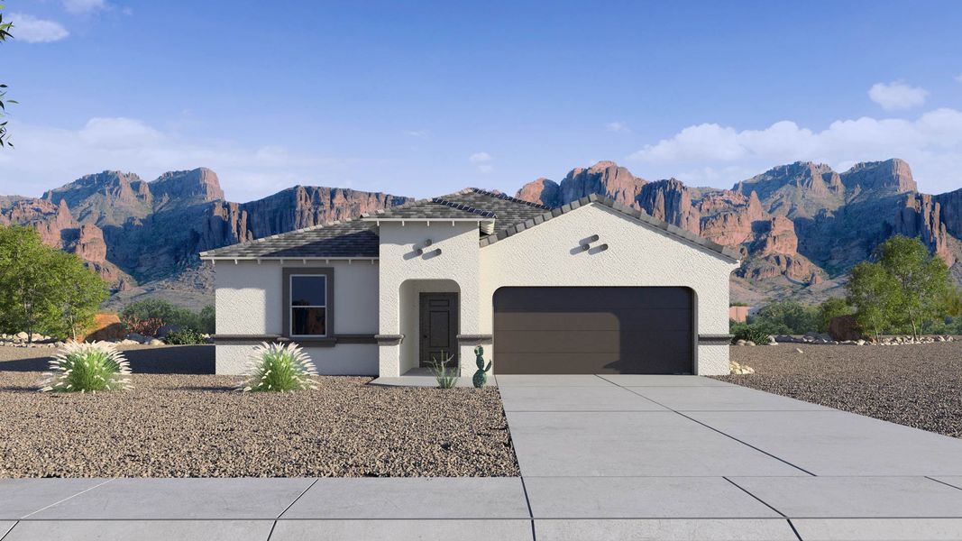 Front exterior of a new home in Entrada Del Oro, Gold Canyon, AZ, highlighting curb appeal (Image 1). Front exterior of a new home in Entrada Del Oro, Gold Canyon, AZ, highlighting curb appeal (Image 1).