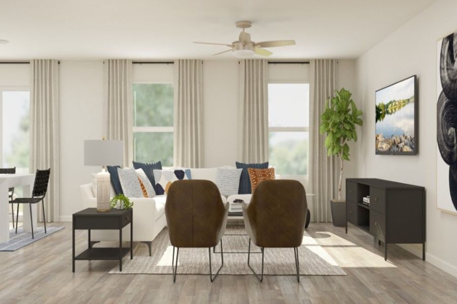 A living room with a large window.