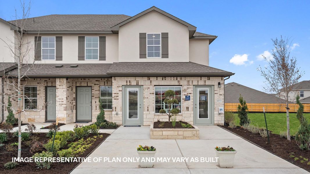 Front exterior of a new home in Palomino, Manor, TX, highlighting curb appeal (Image 2).