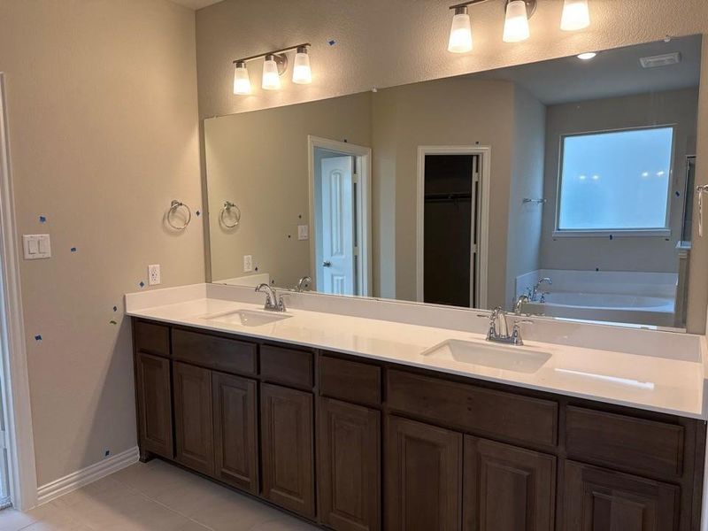 Double vanity with dark wood-finish cabinetry and light-colored countertops