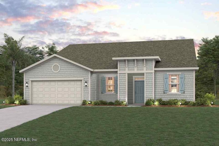 Front exterior of a new home in The Cypress Series at Reserve East, Flagler Beach, FL, highlighting curb appeal (Image 18).