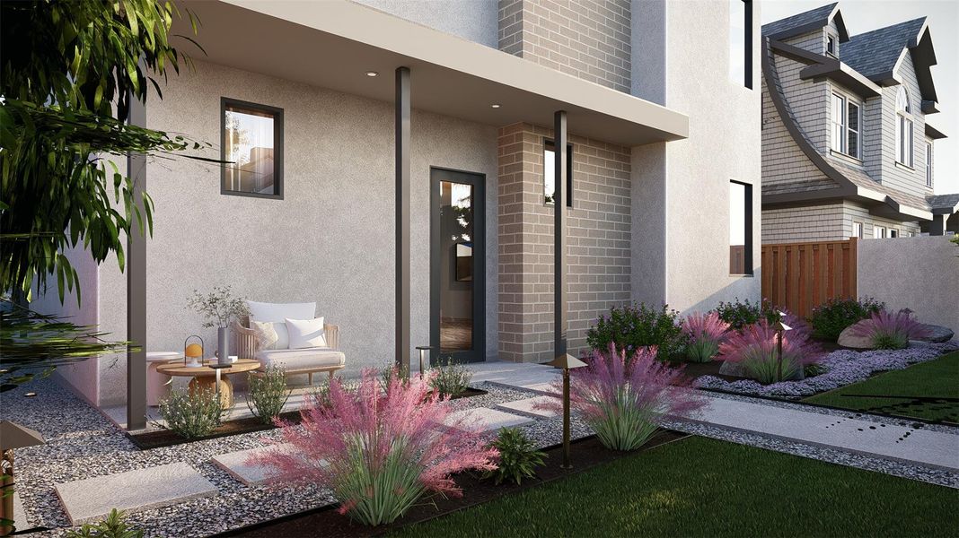 Elegant brick and stucco accents define this contemporary entrance with stone pavers and manicured landscaping. Elegant brick and stucco accents define this contemporary entrance with stone pavers and manicured landscaping.