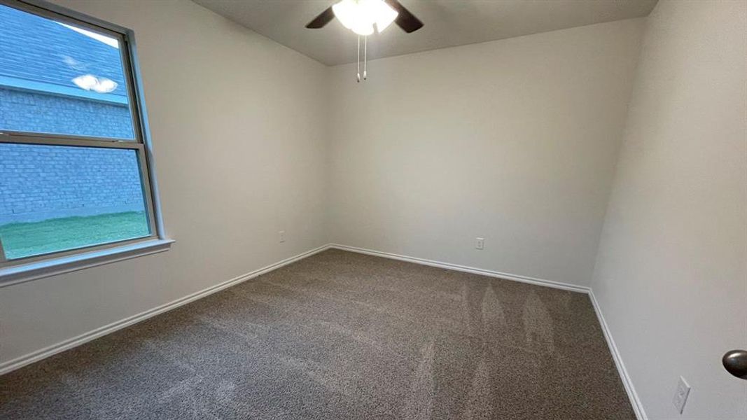 Carpeted room featuring a ceiling fan with integrated lighting, a window with a white frame, and light-colored walls with white trim