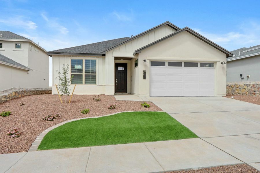Representative exterior photo of a completed home built from the Acacia by View Homes in Verdancia, Horizon City, TX (Image 13). Representative exterior photo of a completed home built from the Acacia by View Homes in Verdancia, Horizon City, TX (Image 13).