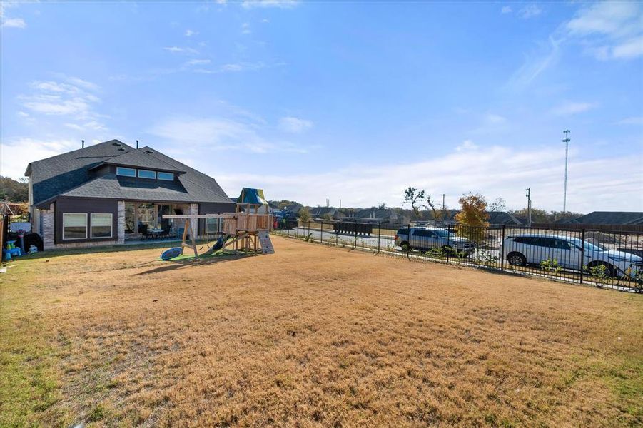 Community playground with a patio