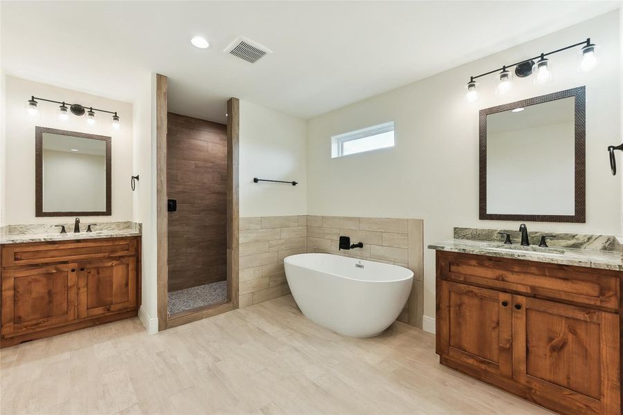 Bathroom featuring a freestanding tub, visible vents, a sink, and a stall shower Bathroom featuring a freestanding tub, visible vents, a sink, and a stall shower