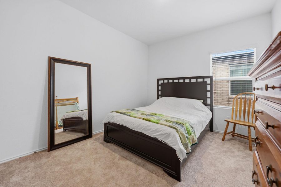 Carpeted room featuring a window with blinds, light neutral wall paint, and a white ceiling