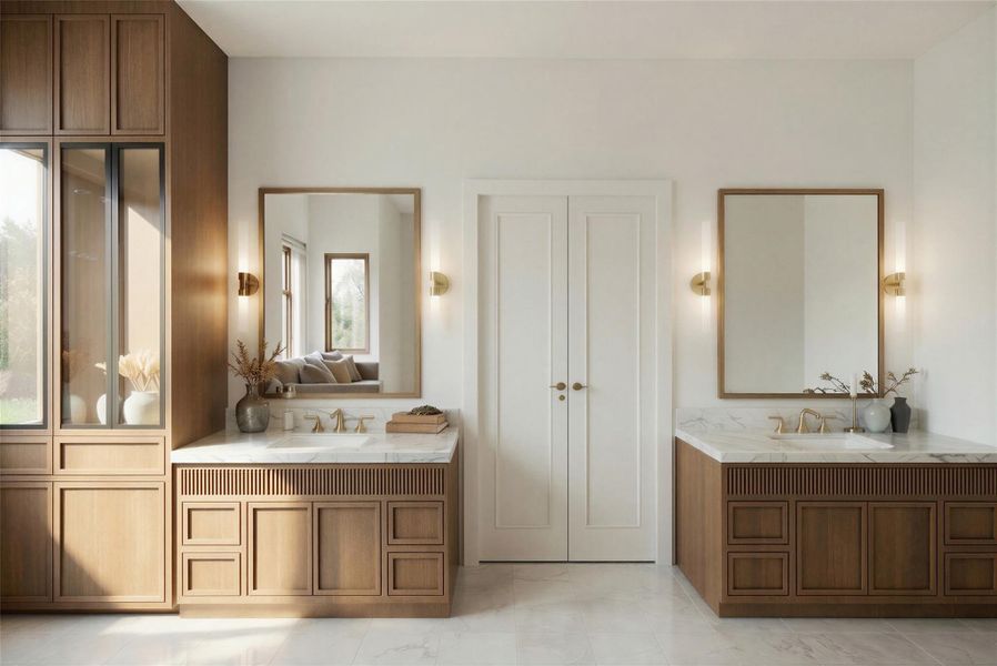Rendering: Primary bath with dual vanities, custom cabinets, and natural stone.