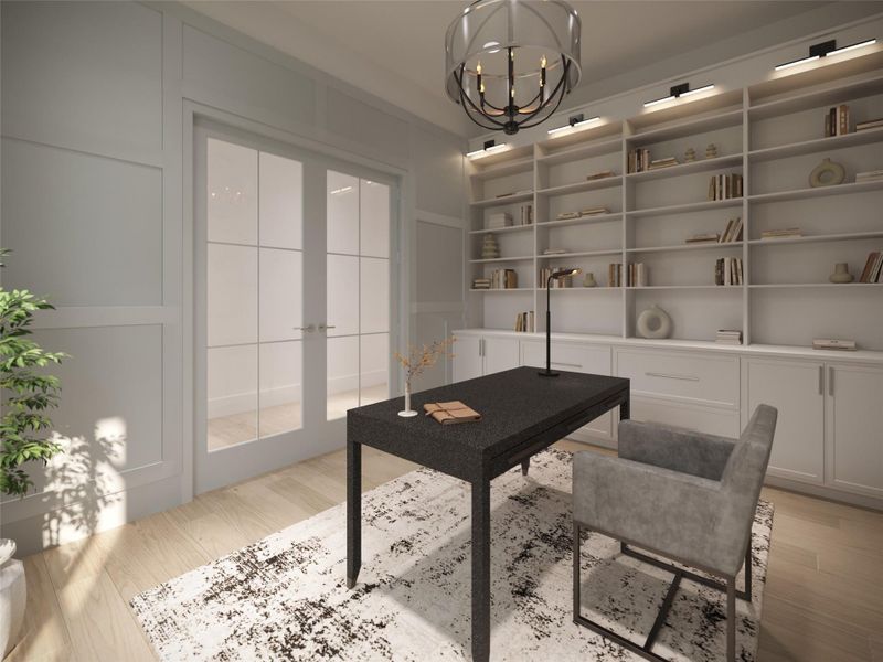 Another view of the Study off the entrance of the home with beautiful paneled walls, built-in shelving, cabinets and drawers. There is also a set of French doors. This is an Artists Rendering - Selections and Finishes are subject to change at any time during construction. Another view of the Study off the entrance of the home with beautiful paneled walls, built-in shelving, cabinets and drawers. There is also a set of French doors. This is an Artists Rendering - Selections and Finishes are subject to change at any time during construction.