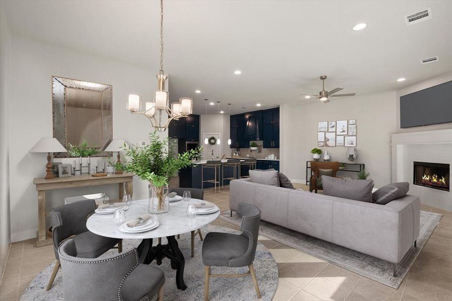 Dining space featuring a chandelier and tile floors is open to the living and living area.  (Photo has been virtually staged)