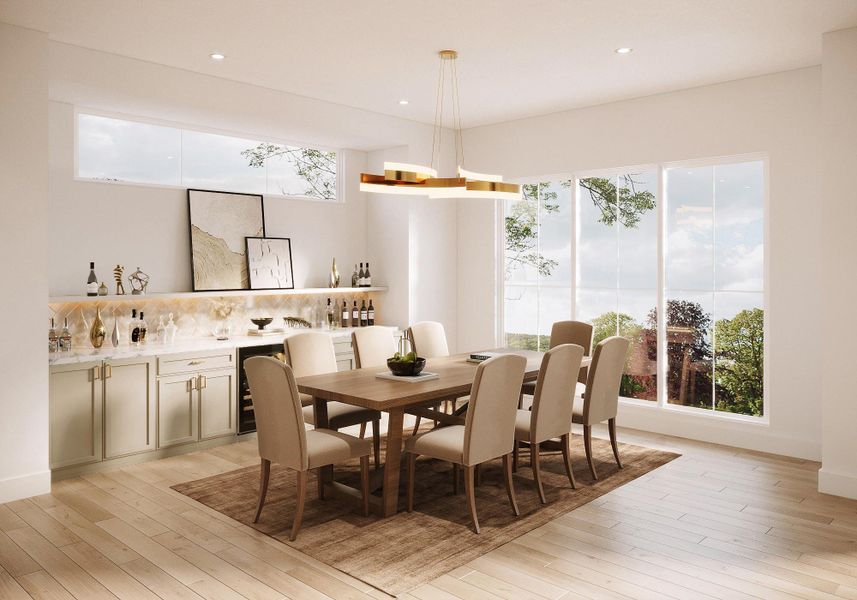 The dining room is designed for both everyday living and elegant entertaining, featuring custom built-in cabinetry with integrated shelving, a dedicated beverage refrigerator, and a beautifully appointed serving area. Floor-to-ceiling windows flood the space with natural light, while wide-plank flooring and refined finishes create a warm, sophisticated atmosphere. Thoughtful built-ins provide both function and visual interest, making this an ideal setting for hosting gatherings or enjoying intimate meals.