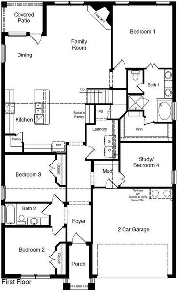 D.R. Horton's Vail floorplan, 1st floor - All Home and community information, including pricing, included features, terms, availability and amenities, are subject to change at any time without notice or obligation. All Drawings, pictures, photographs, video, square footages, floor plans, elevations, features, colors and sizes are approximate for illustration purposes only and will vary from the homes as built.