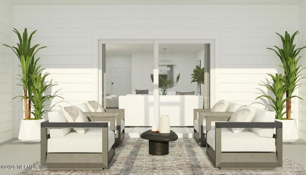 Exterior details and patio area of a home in Edenbrooke at Hyland Trail | 55+, Green Cove Springs (Image 3).