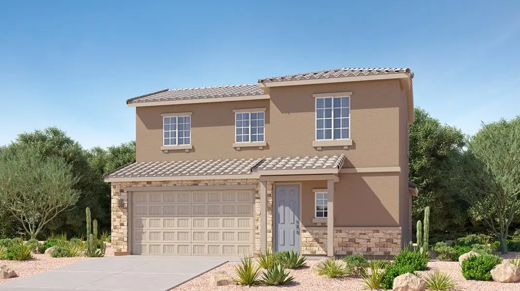Front exterior of a new home in Monarch, Marana, AZ, highlighting curb appeal (Image 1). Front exterior of a new home in Monarch, Marana, AZ, highlighting curb appeal (Image 1).