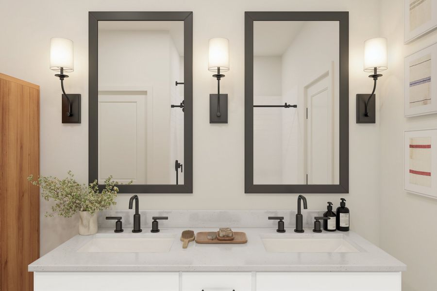 Primary bath with freestanding vanity and matte black fixtures