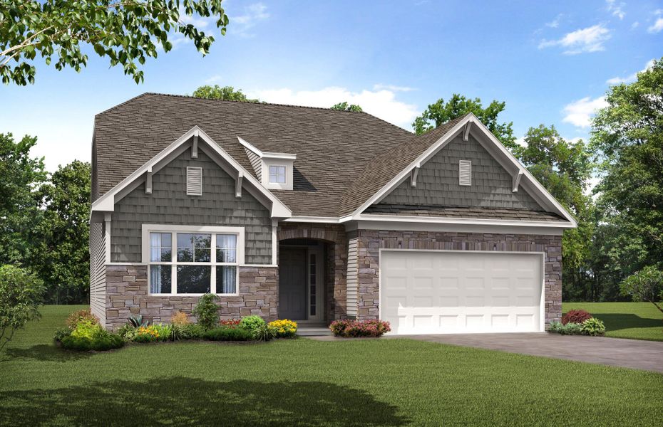 Front exterior of a new home in Heritage - 55+ Community, Indian Trail, NC, highlighting curb appeal (Image 1). Front exterior of a new home in Heritage - 55+ Community, Indian Trail, NC, highlighting curb appeal (Image 1).