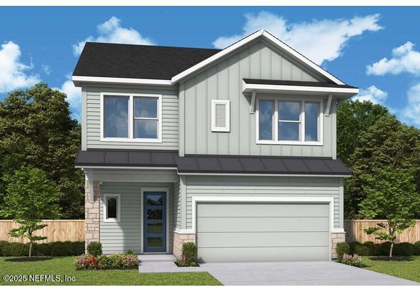 Front exterior of a new home in Evergreen Island at Silverleaf - Executive, St. Augustine, FL, highlighting curb appeal (Image 1).